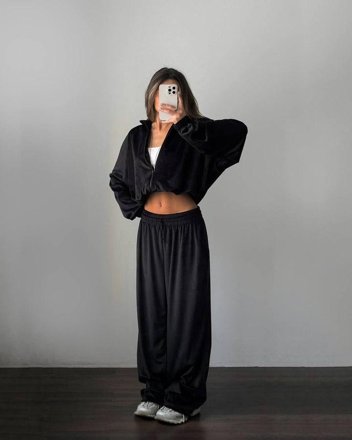 Women's Casual Lounge Two-Piece Set with Oversized Zip Jacket and Wide Leg Pants Mune Fashion
