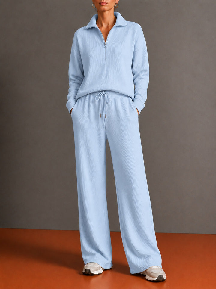Women's cozy knit relax suit with half zipper, drawstring waistband, and wide leg Mune Fashion