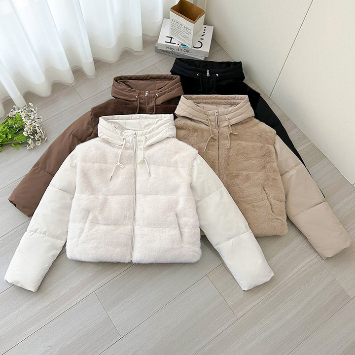 Women's Short Hybrid Winter Jacket with Velvety Faux Fur Front and Hooded Collar Mune Fashion