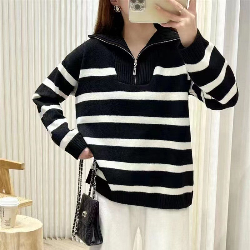 Women's Striped Half-Zip Knit Sweater with Ribbed Collar Mune Fashion