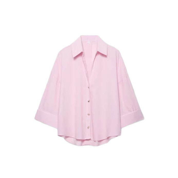 Women's Lightweight Oversized Linen Look Blouse with Three-Quarter Sleeves and Full Button Placket Mune Fashion