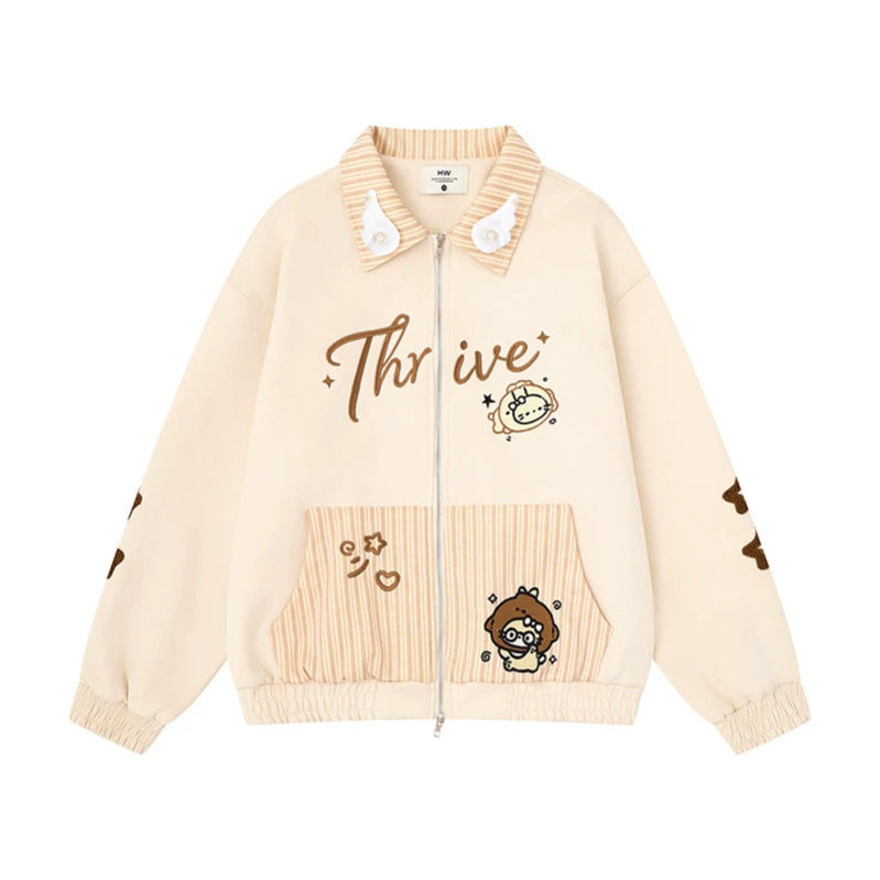 Women's zip sweat jacket with striped collar, front pockets and cute embroidery Mune Fashion