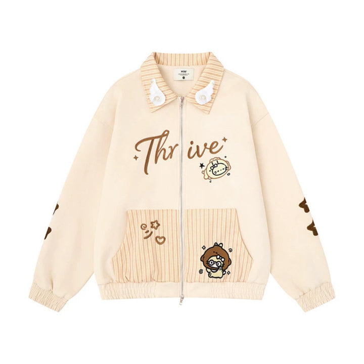 Women's zip sweat jacket with striped collar, front pockets and cute embroidery Mune Fashion