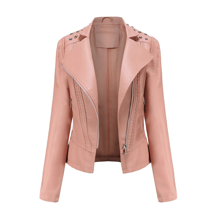 Women's nan biker jacket made of faux leather with studded details and asymmetric zipper Mune Fashion