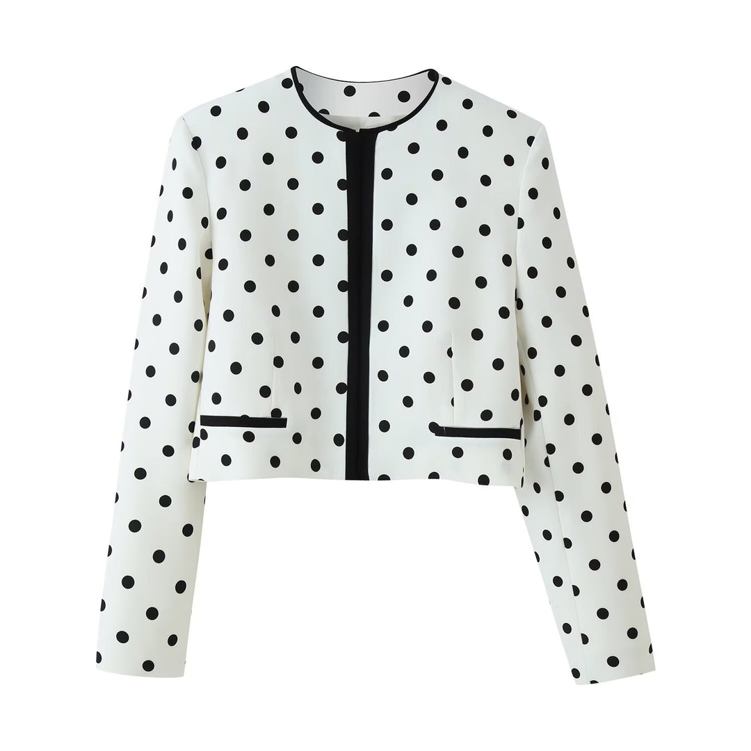 Women's short blazer in polka dot design with black contrast piping and round neck Mune Fashion