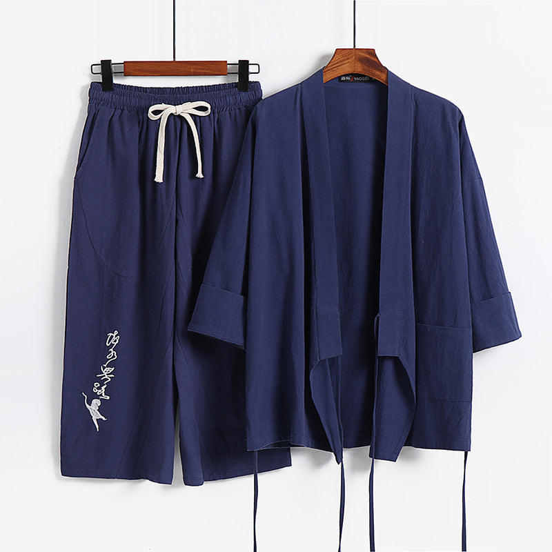 Unisex Lightweight Kimono Loungewear Set made of Cotton-Linen with Embroidered Harem Pants and Tie Belt Mune Fashion