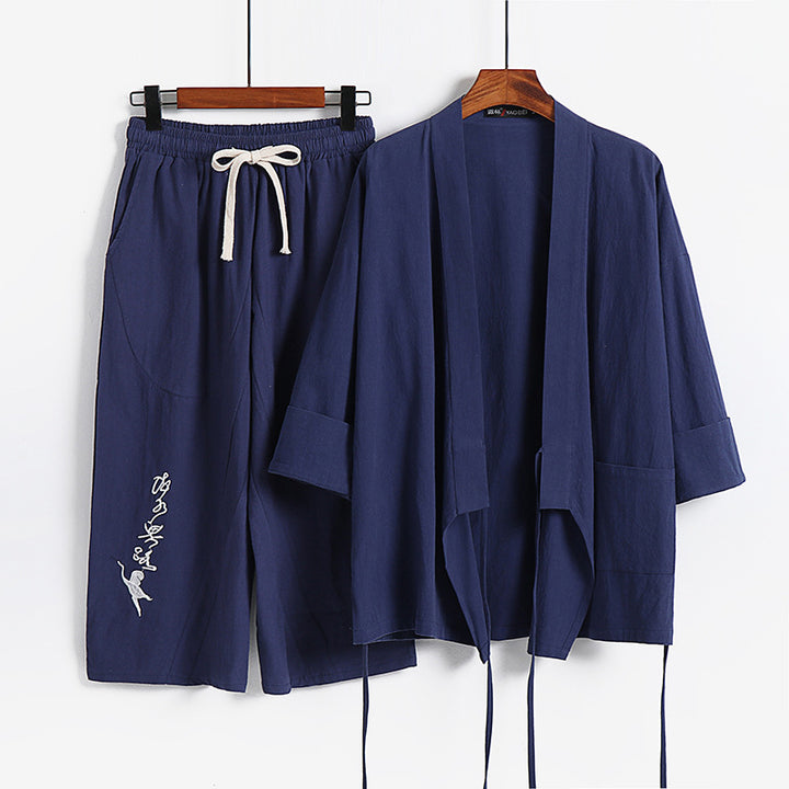 Unisex Lightweight Kimono Loungewear Set made of Cotton-Linen with Embroidered Harem Pants and Tie Belt Mune Fashion