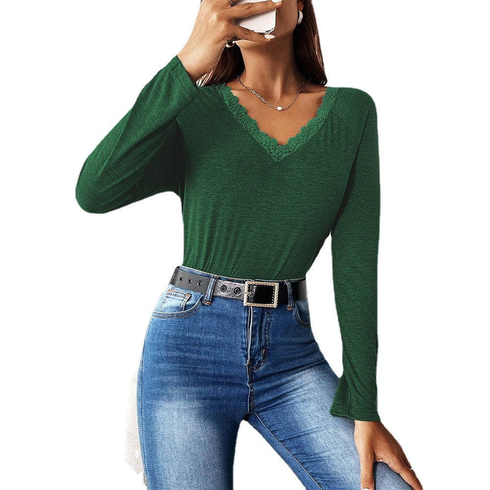 Women's fine V-Neck long sleeve shirt with lace trim, lightweight fine knit and casual silhouette