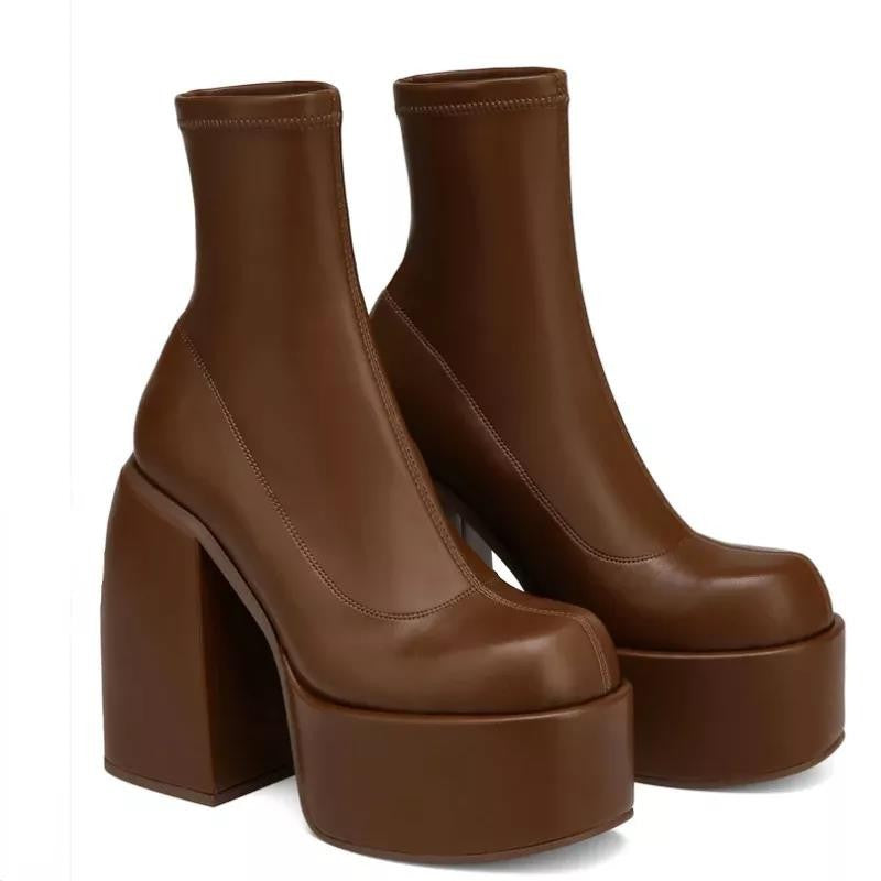 Ladies' platform ankle boots with high block heel, seamless stretch shaft, and durable outsole Mune Fashion