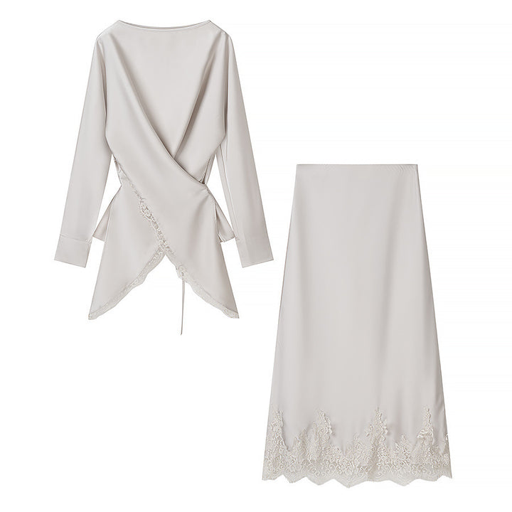 Women Two-Piece Satin Set with Wrap Blouse and Midi Skirt with Lace Trim Mune Fashion