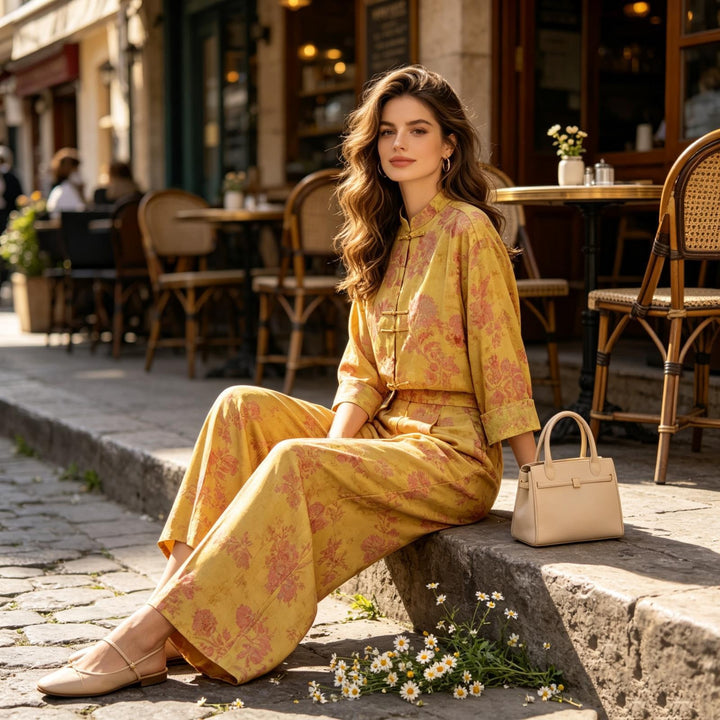 Women Two-Piece Jacquard Set with Stand Collar and Knot Closures Mune Fashion