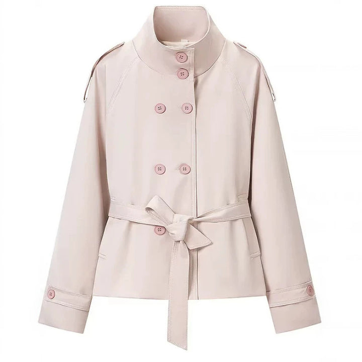 Women's Cropped Trench Coat in Boxy Cut with Stand Collar, Epaulettes and Waist Belt Mune Fashion