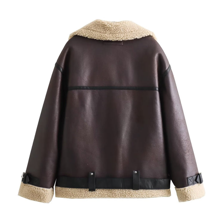 Ladies aviator jacket in biker style with teddy lining, faux leather trim and waist belt Mune Fashion