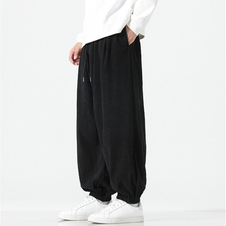 Men's Wide Cord Trousers in Balloon Cut with Drawstring and Elastic Cuff Mune Fashion