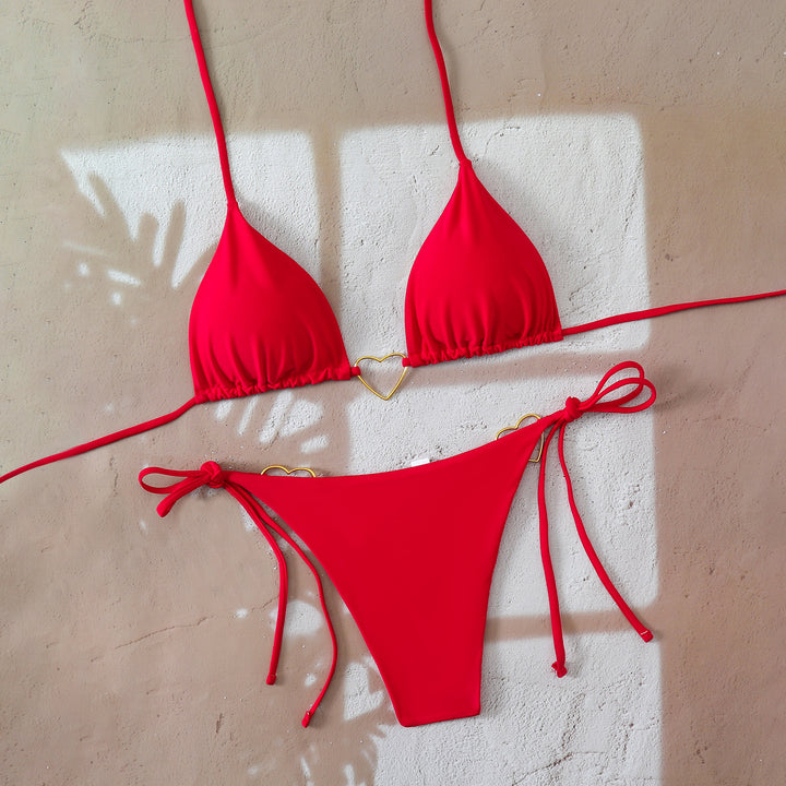 Women's Triangle Bikini Set with Playful Ribbons and Heart Appliqués Mune Fashion