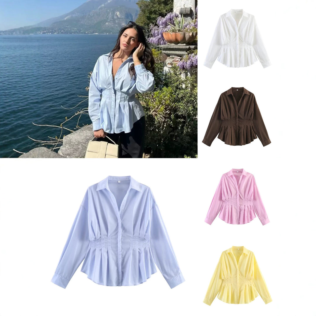 Women's tailored blouse shirt jacket with box pleats and concealed button placket Mune Fashion