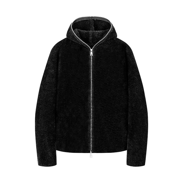 Women's short cut teddy fleece hooded jacket with metal zipper Mune Fashion