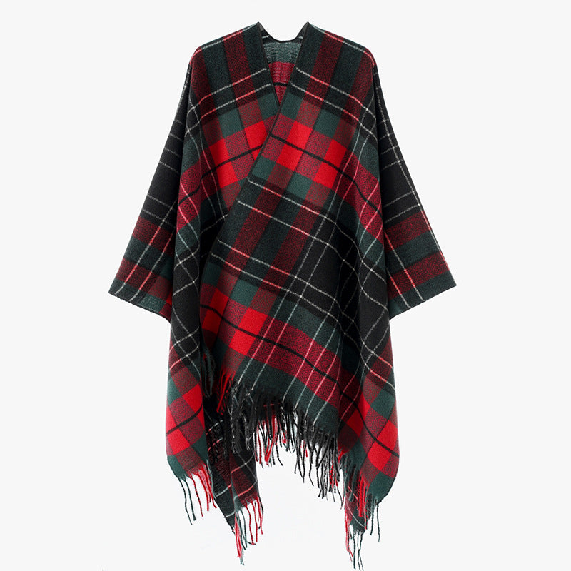 Women Oversize Kimono Cape Poncho in Check Pattern with Fringed Hem Mune Fashion