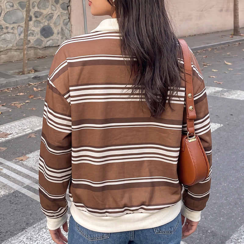 Women Casual Polo Sweater with Stripes Mune Fashion