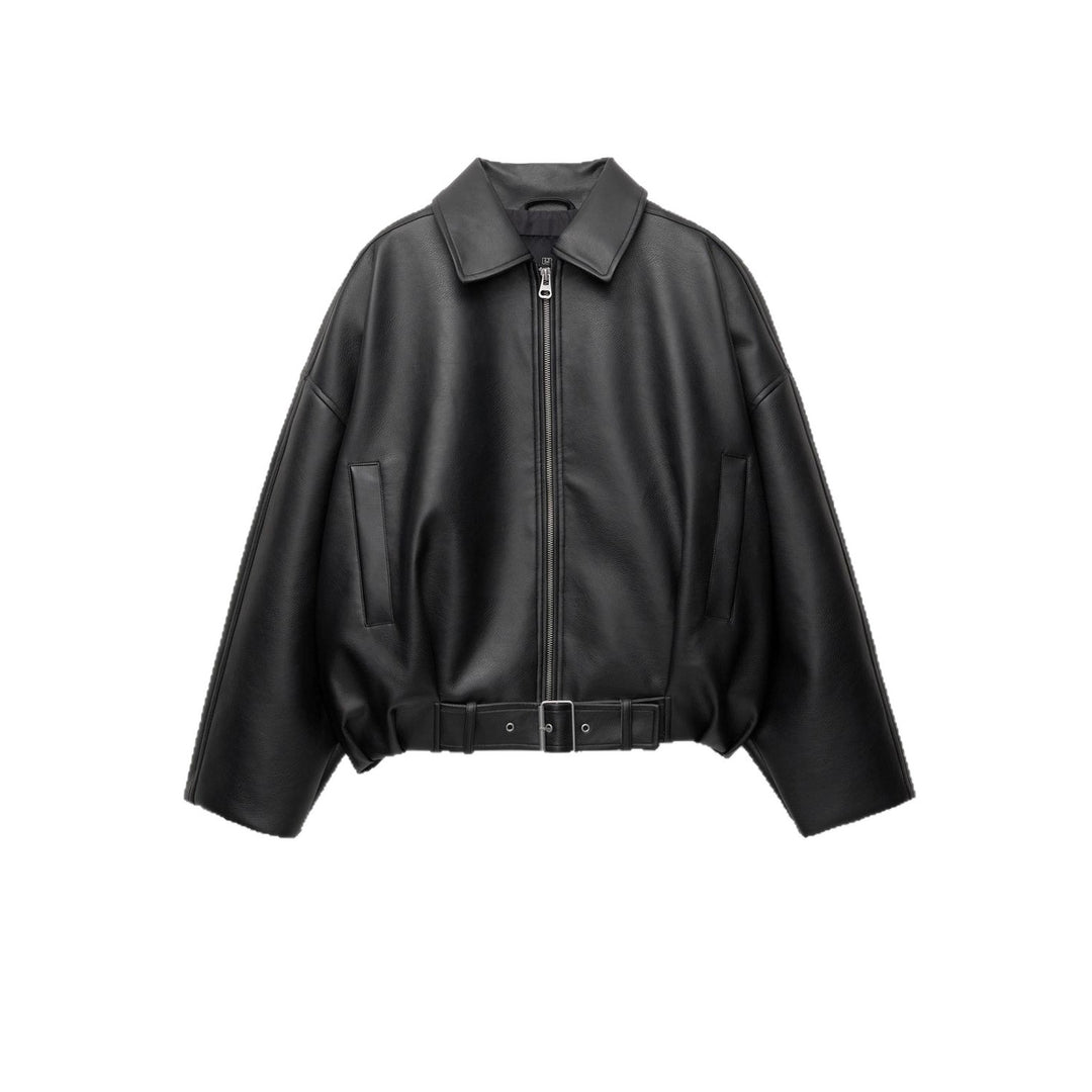 Women's stylish faux leather jacket with eye-catching collar and waist belt