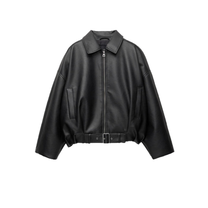 Women's stylish faux leather jacket with eye-catching collar and waist belt