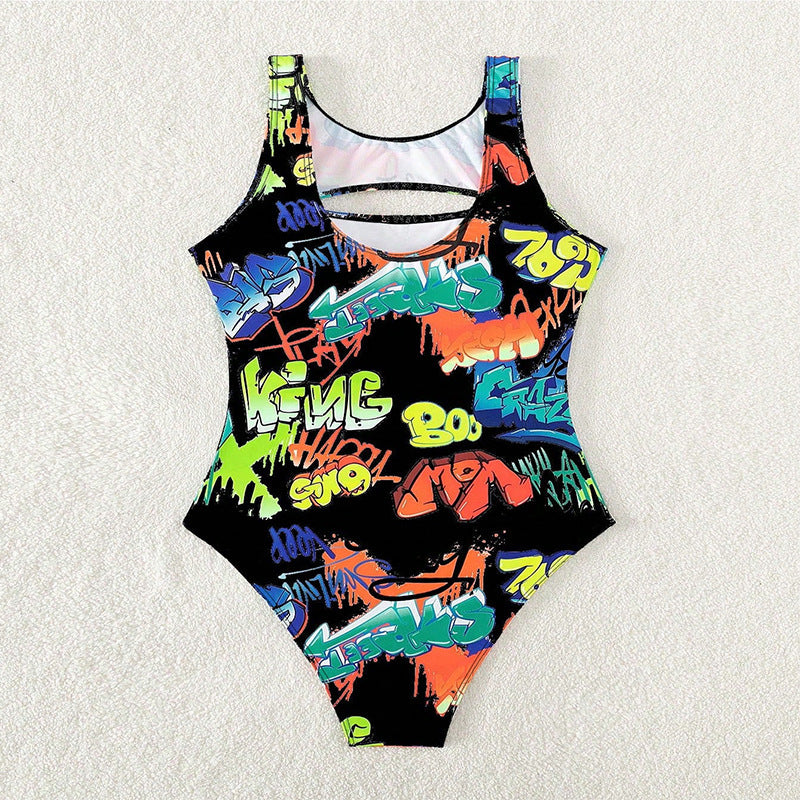 Women’s Sporty One-Piece Swimsuit with Creative Graffiti Design Mune Fashion