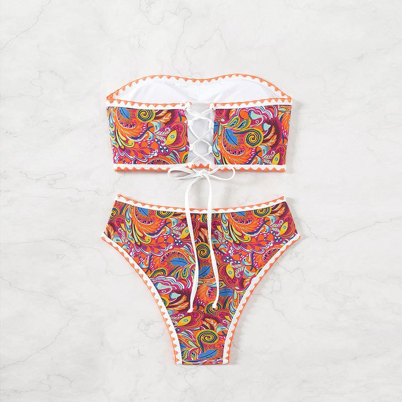 Women's bandeau bikini with colorful psychedelic design and elegant ruffles Mune Fashion