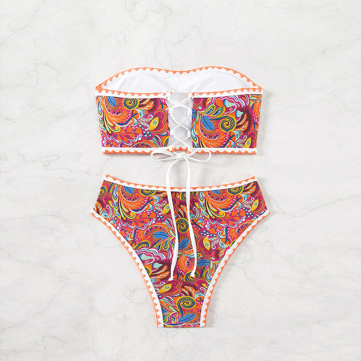 Women's bandeau bikini with colorful psychedelic design and elegant ruffles Mune Fashion