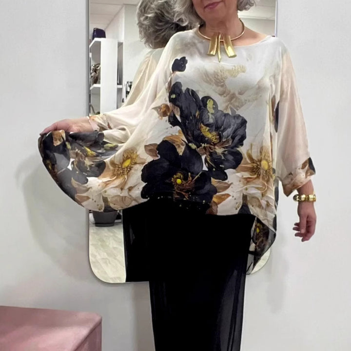 Ladies nan elegant chiffon tunic with bat sleeves and asymmetrical hem Mune Fashion