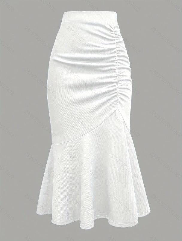 Women's Tailored Midi Skirt with Side Ruching and Flared Ruffle Hem Mune Fashion