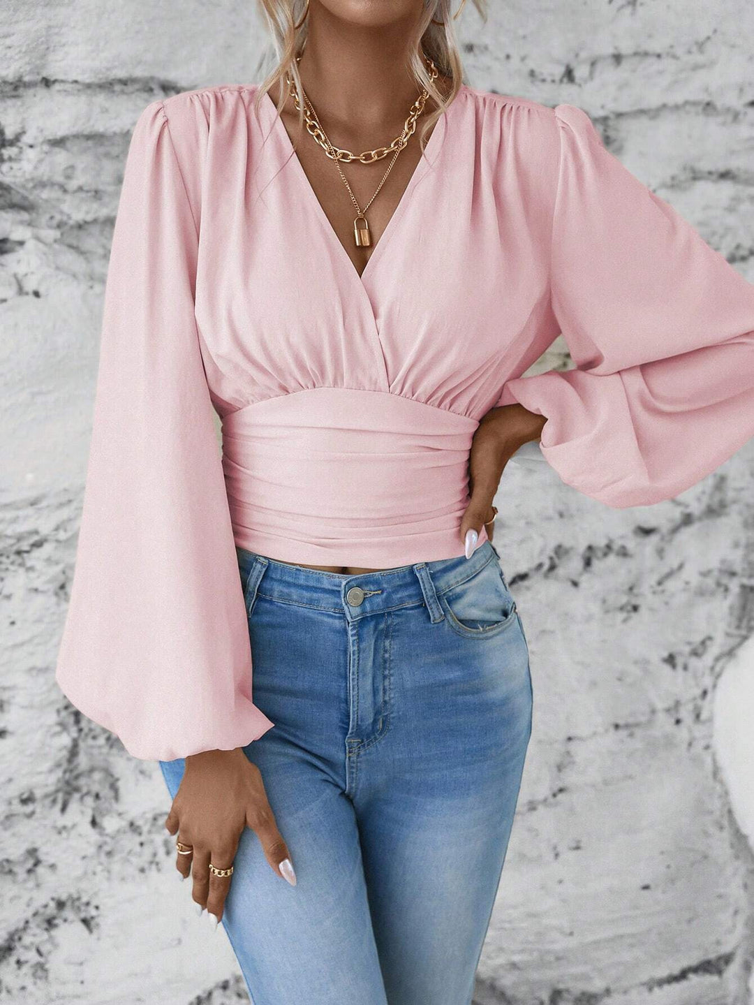 Women's Wrap Cropped Top with Gathered Waist and Wide Balloon Sleeves Mune Fashion