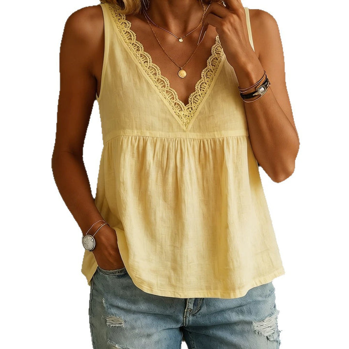 Women's airy V-neck blouse shirt with lace accents Mune Fashion