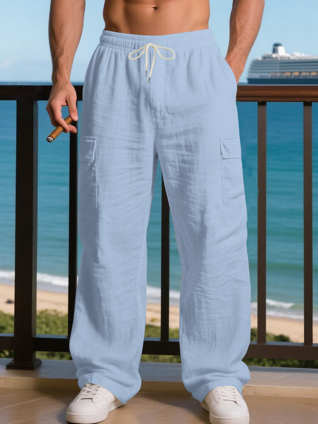Men's Loose Linen Cargo Casual Pants with Drawstring Waist and Side Patch Pockets Mune Fashion