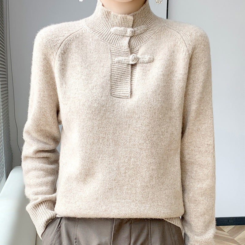 Women Cashmere-Look Mockneck Pullover with decorative KnMune Fashion button placket Mune Fashion