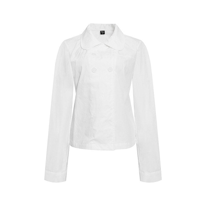 Women Tailored Lightweight Cotton Blouse Jacket with Round Collar and Double Button Row Mune Fashion