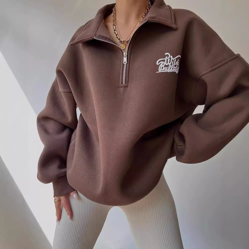 Women's Oversized Halfzip Sweatshirt with Stand Collar and Embroidered Logo Mune Fashion