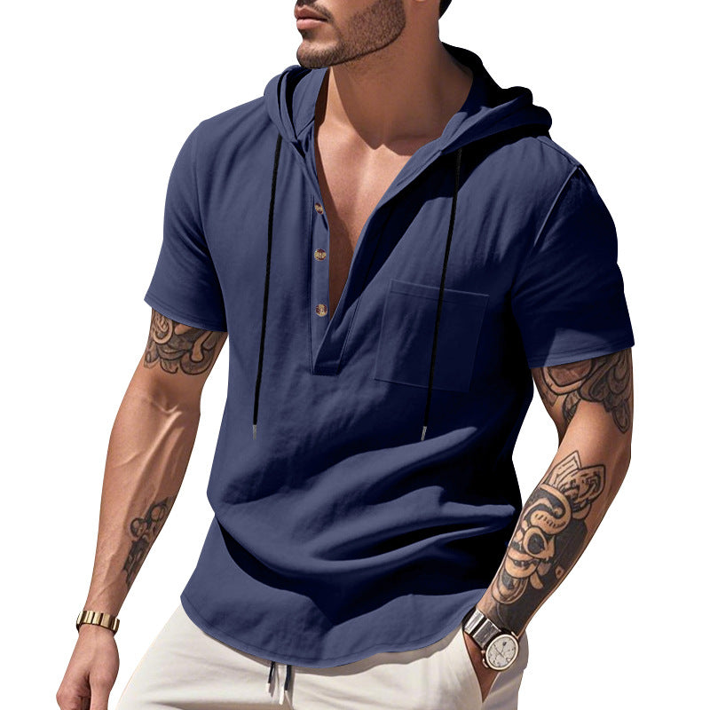 Men's lightweight short-sleeve hooded Henley made of single jersey with chest pocket and contrast drawstring Mune Fashion