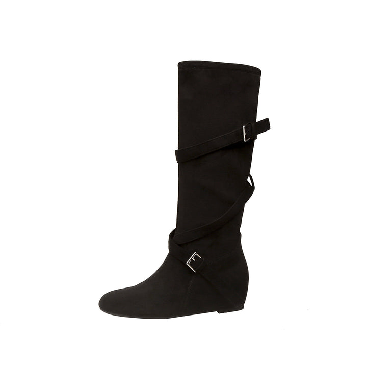 Women's Knee-High Suede Boots with Wrap Straps and Flat Wedge Heel Mune Fashion