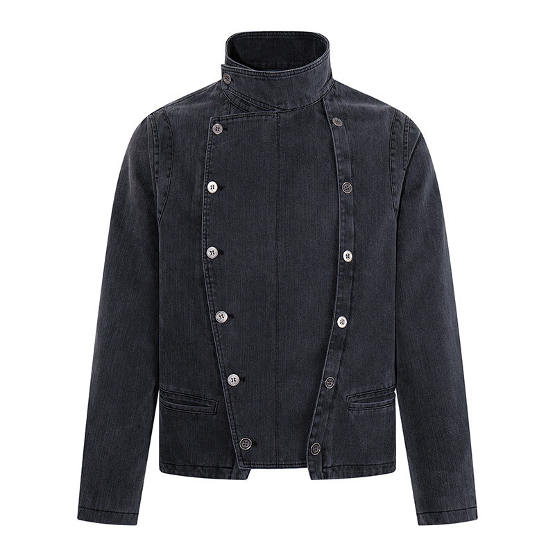 Men's asymmetrical denim jacket with stand-up collar and double-breasted snap closure Mune Fashion