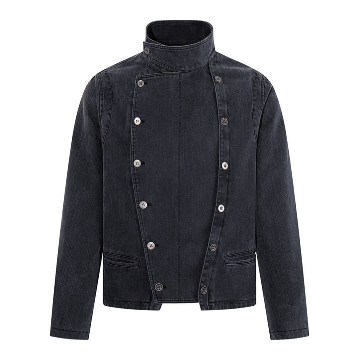 Men's asymmetrical denim jacket with stand-up collar and double-breasted snap closure Mune Fashion