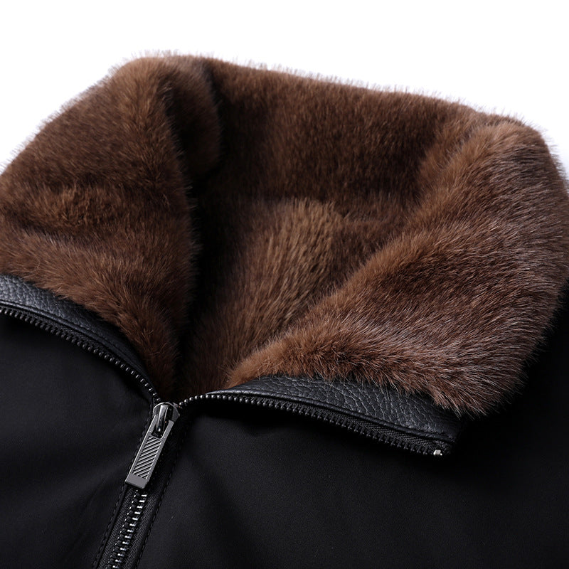 Men's Long Leather Coat with Removable Fur Collar and Thermal Lining Mune Fashion