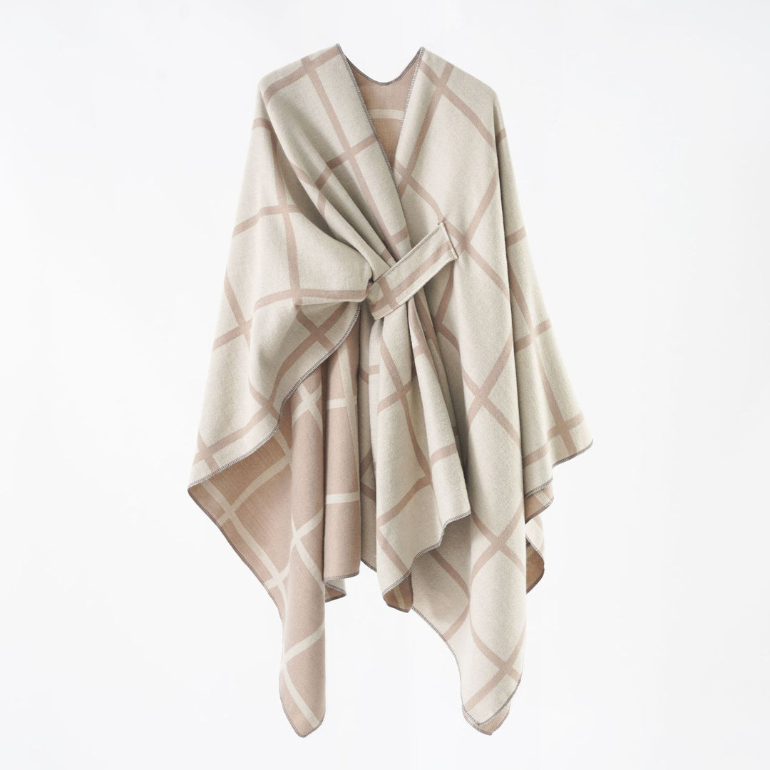 Women's Oversize Poncho made of fine knit with waistband and check pattern Mune Fashion