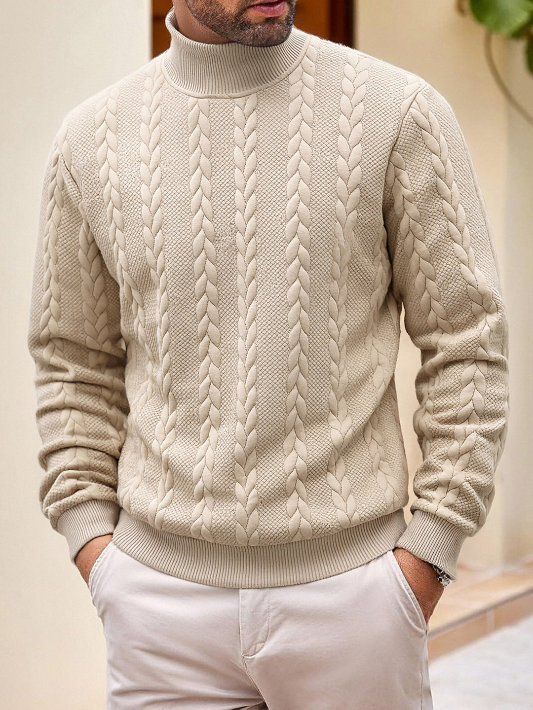 Men's thick knit cable knit sweater with half standing collar and elastic ribbed cuffs Mune Fashion