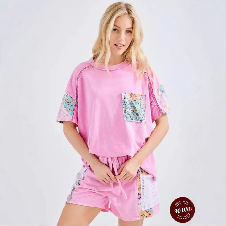 Women's short house suit set made of cotton jersey with floral patchwork look, chest pocket and drawstring Mune Fashion