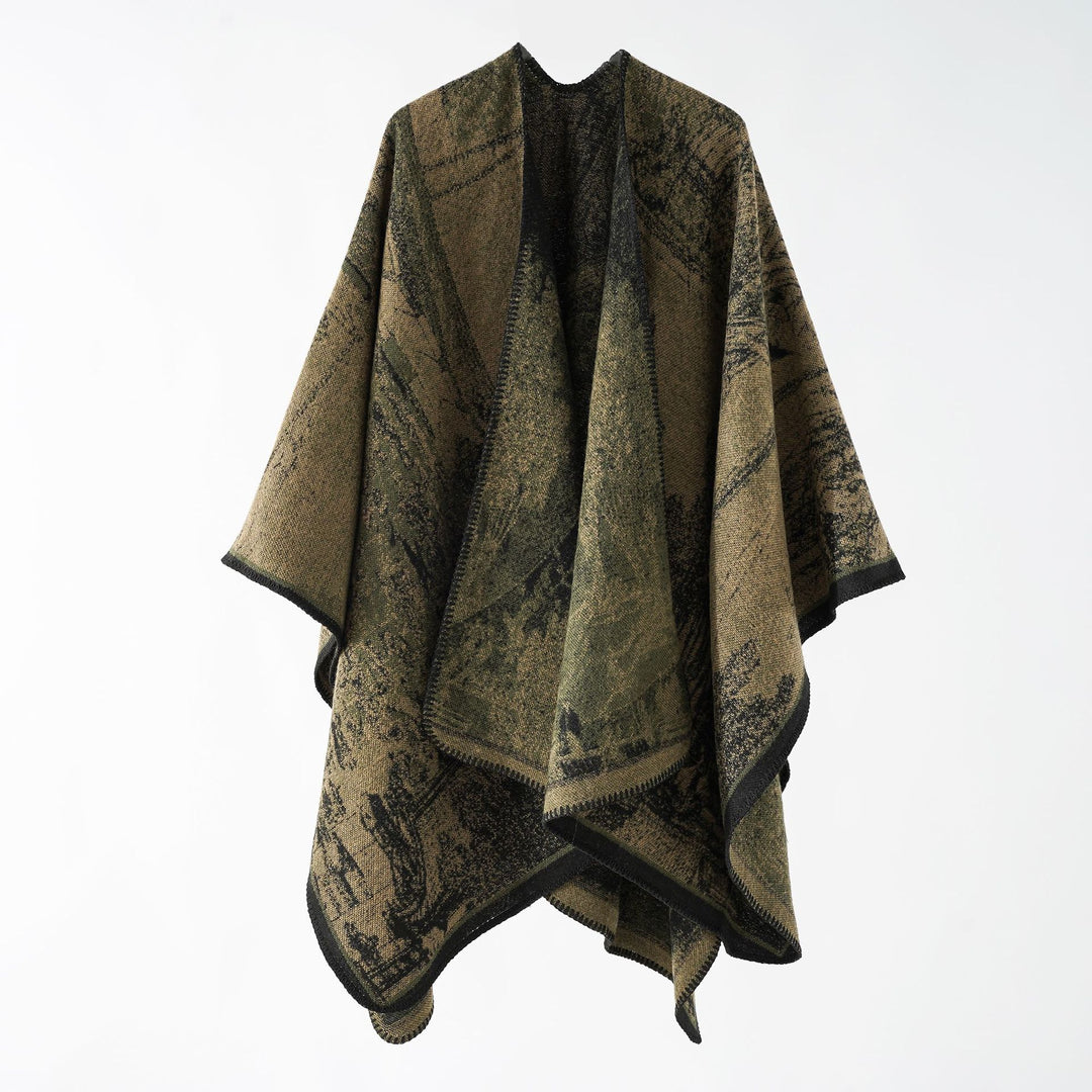 Women Oversize Ruana in boxy cape with jacquard woven structure and soft wool blend drape