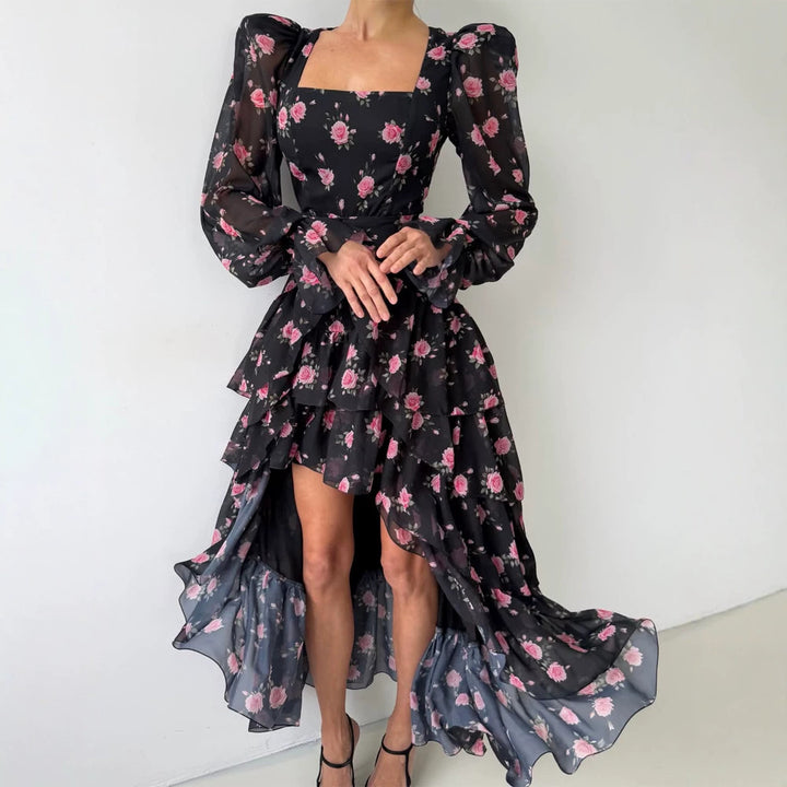 Women's maxi dress with layered ruffle high-low hem, square neckline, and sheer puff sleeves