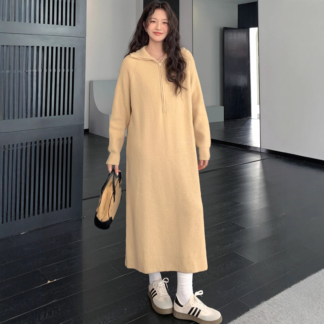 Women's Ribbed Hooded Knitted Maxi Dress with Half Zipper and Wide Fall Mune Fashion