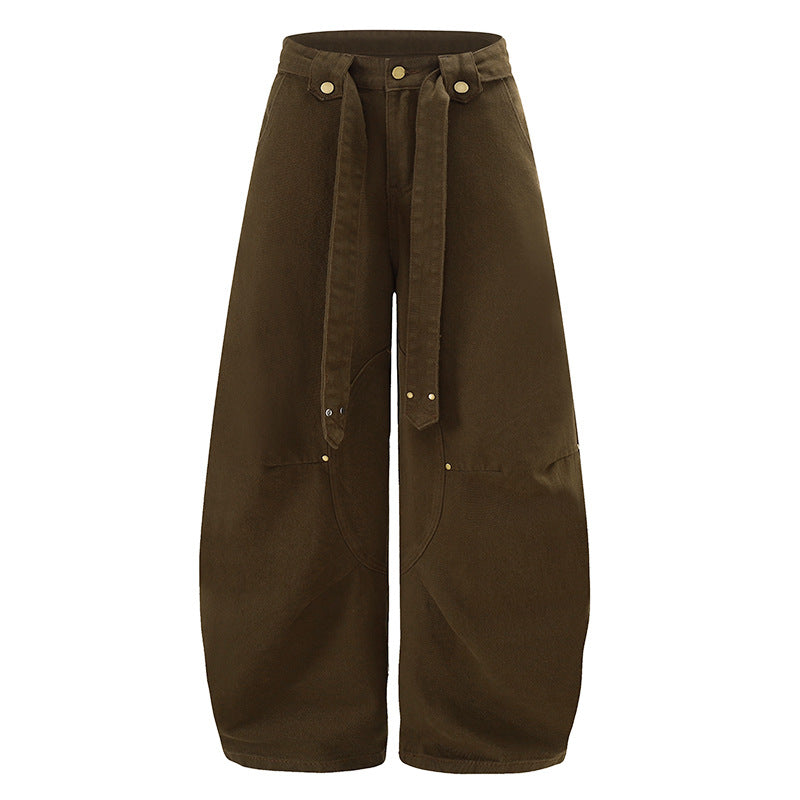 Women's Extra Wide High-Waist Palazzo Pants with Decorative Knee Patch, Tied Belt and Culotte Cut Mune Fashion