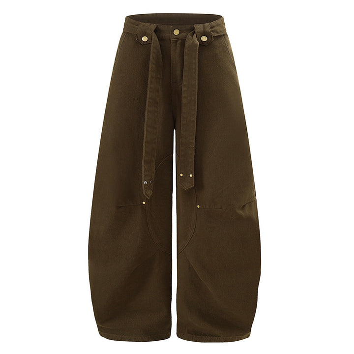 Women's Extra Wide High-Waist Palazzo Pants with Decorative Knee Patch, Tied Belt and Culotte Cut Mune Fashion