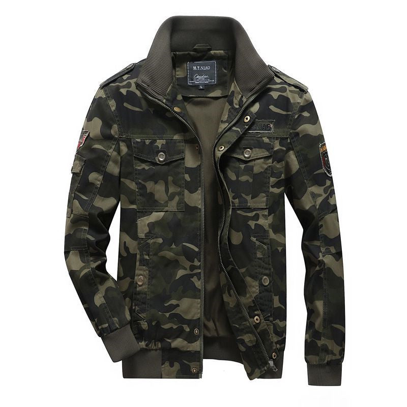 Men's Camo Utility Bomber Jacket with Stand-Up Collar, Multiple Pockets and Ribbed Cuffs Mune Fashion